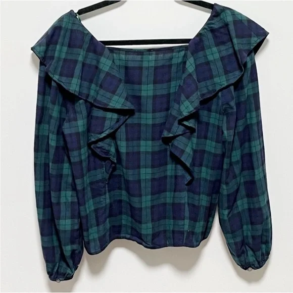 J. Crew Blackwatch Trendy Green Blue Flannel ruffled plaid squareneck ruffle top - Picture 5 of 11